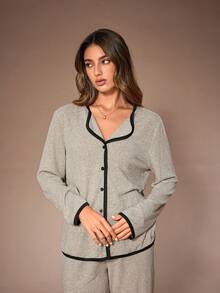 Lazeform 女士休闲纽扣上衣和直筒裤睡衣套装，简约设计女士家居针织睡衣套装两件套睡衣套装女士睡衣套装女士睡衣套装，冬季服装 - 卡其色 - 查看 5