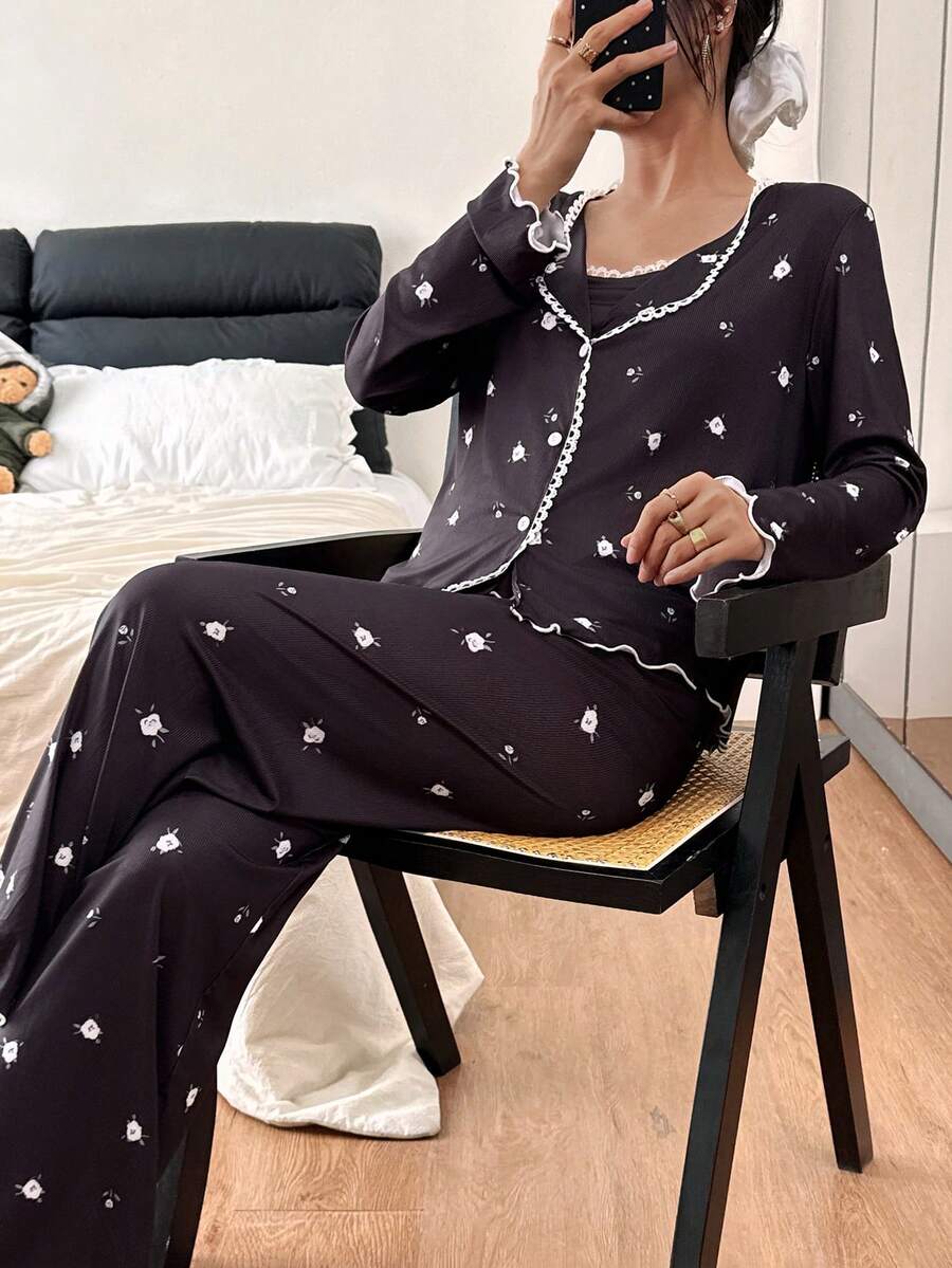 SHEIN 三件套：蕾丝边碎花长袖上衣和吊带背心搭配长裤睡衣，冬季服装 - 黑色 - 查看 1