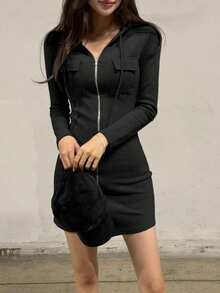 DAZY Women's Solid Color Fitted Hooded Cardigan Mini Dress, Spring/Summer - Black - View 4