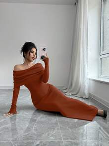 Selianne Off Shoulder Fitted Strapless Fishtail Maxi Sweater Dress, Suitable For Valentine's Day - Orange - View 8