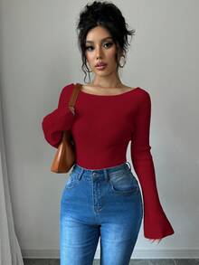 Elenzga 1 件露肩喇叭袖修身女式毛衣 - 紅色 - 查看 7