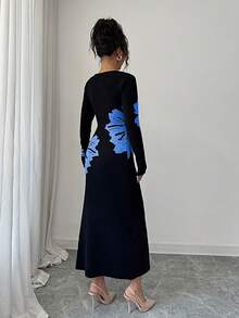 Selianne 方领提花针织紧身腰毛衣连衣裙 - 藍色 - 查看 2