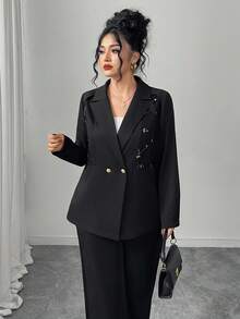 Graceveil Plus Size Solid Color Long Sleeve Women Embroidered Patchwork Blazer - Black - View 4