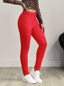 SHEIN Tall Women's Casual Slim Fit Distressed Skinny Jeans, Tall Women - Red - View 4