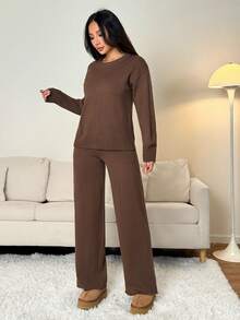 SHEIN PETITE Women Solid Color Crew Neck Long Sleeve Sweater And Long Pants Casual Regular Outfit, Autumn/Winter,Fall,Fall Clothes For Women,Winter Clothes For Women - Brown - View 3
