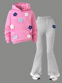 Conjunto informal de 2 piezas de niña preadolescente con sudadera con capucha de manga larga con decoración floral y pantalones acampanados, para otoño/invierno - Rosa - Ver 4