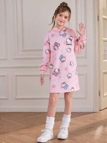 HELLO KITTY AND FRIENDS | SHEIN Tween Girl 可爱卡通合作款星星印花全图案落肩针织连帽连衣裙，粉色 - 彩色 - 查看 3