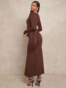 Glamine Women's Solid Color Ruffle Hem Fitted Long Sleeve Maxi Dress,Coffee Brown,Autumn,Elegant,Party Night Brown Elegant Dress - Coffee - View 1