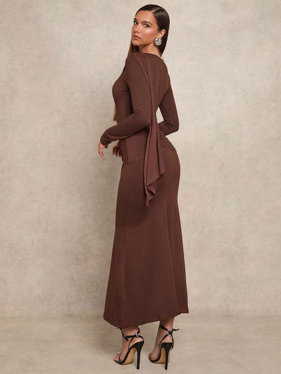 Glamine Women's Solid Color Ruffle Hem Fitted Long Sleeve Maxi Dress,Coffee Brown,Autumn,Elegant,Party Night Brown Elegant Dress - Coffee - View 1