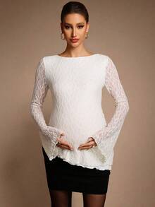 MaterniChic Pregnant Women's Round Neck Flare Sleeve Lace Ruffle Hem Elegant T-Shirt White Top Chic Evening Elegant  Pregnancy Photoshoot - Apricot - View 2