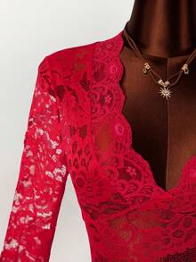 Amplova 夏季嬉皮风格女士透明低胸迷你连衣裙 - 紅色 - 查看 5