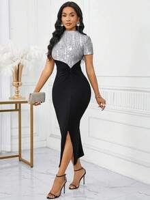 SHEIN Lady Women's Elegant Sequin Patchwork High Slit Dress Elegant Midi Dress Long Bodycon Dress - Silver - View 4
