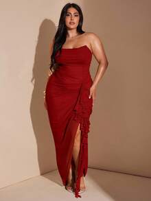SHEIN BAE Váy xòe xếp nếp màu xanh lá cây cỡ lớn dành cho nữ xuân/hè, váy xẻ tà cao màu xanh lá cây, váy đi biển thanh lịch, váy dự tiệc bãi biển, váy đi chơi đêm, váy sinh nhật, váy sang trọng gợi cảm, váy lưới - Đỏ - Xem 5
