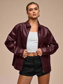 SHEIN BAE Women's Fashion Solid Color Drop Shoulder Long Sleeve Zip-Up Jacket - Burgundy - View 4
