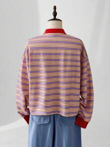 ESTAVOR Men's Striped Polo Collar Drop Shoulder Long Sleeve Casual Loose T-Shirt - Multicolor - View 4