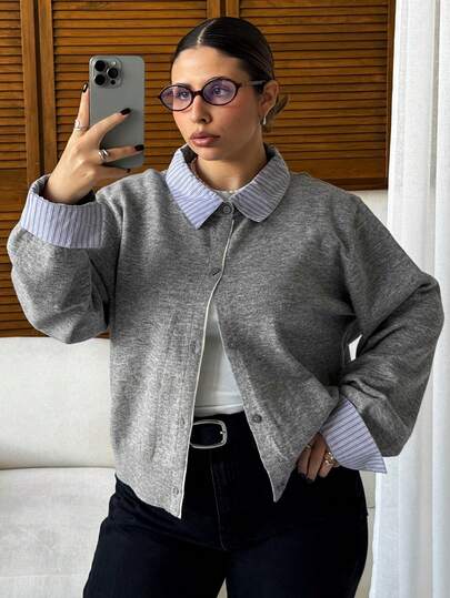 Dazy Plus Color Block Patchwork Shirt Collar Fashion Casual Cardigan Sweater, Plus Size Women, Autumn/Winter
