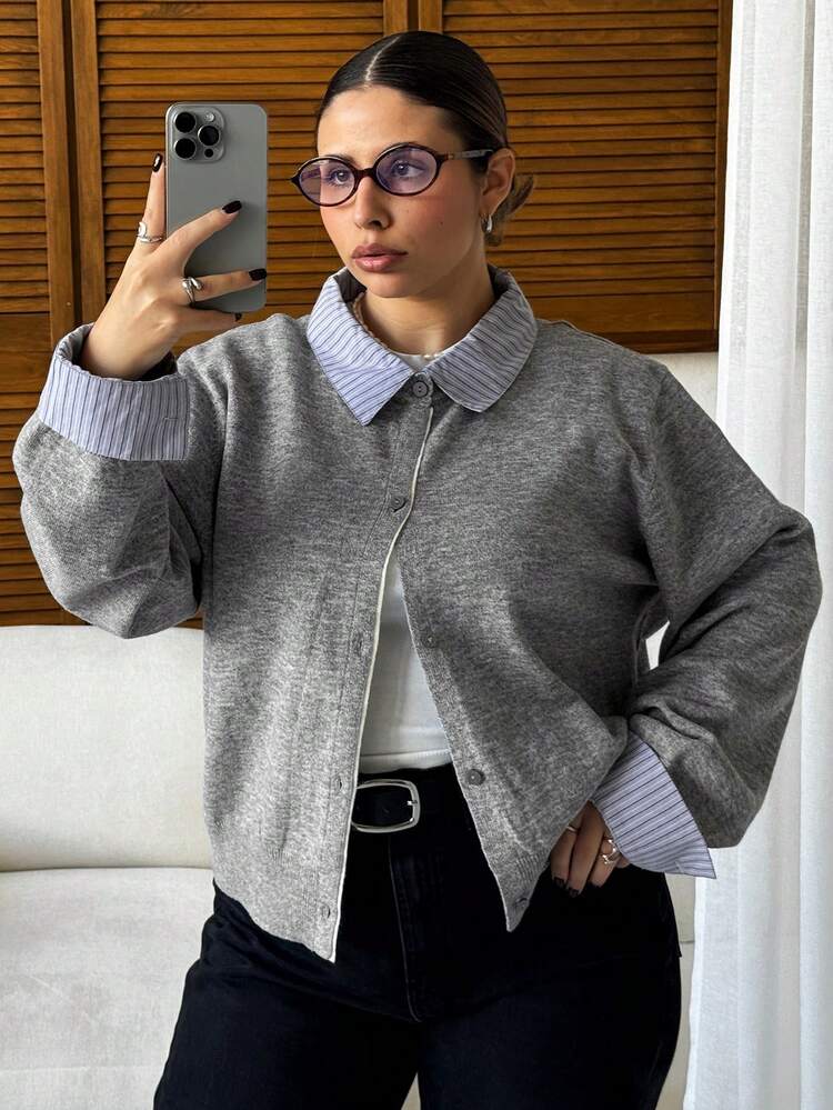 Dazy Plus Color Block Patchwork Shirt Collar Fashion Casual Cardigan Sweater, Plus Size Women, Autumn/Winter