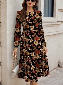 SHEIN Clasi Casual Minimalist Autumn Leaf Print Dress, Brown, Suitable For Autumn/Winter - Multicolor - View 6