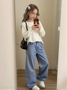 Elladie kids 青少年女孩 Y2K 风格宽松直筒牛仔裤，复古中蓝色牛仔布，柔软舒适的面料，适合上学、通勤、日常穿着、时尚百搭，春夏秋冬