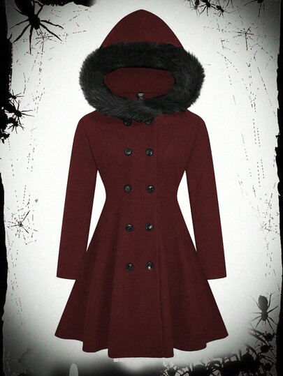 SHEIN Sweetro Plus Size Casual Double-Breasted Fur Collar Hooded Jacket, Autumn/Winter