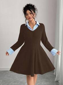 Elenzga 秋冬大码拼布领条纹针织连衣裙 - 咖啡棕 - 查看 4