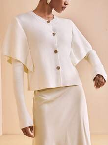 Zivah Off-White Elegant Round Neck Metal Buckle Decor Long Sleeve Sweater For Women,Autumn Office Commuting,European Simple Style Winter Casual Knitwear - White - View 1
