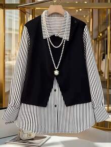 GlowEve CURVE Plus Size Black And White Striped Patchwork Casual Shirt Businesschic - Black and White - View 3