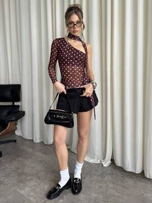 SHEIN BAE 波点印花不对称领口透视性感长袖上衣，适合冬季、秋冬季女装、万圣节、新年、感恩节、派对、海滩等场合，波点单肩上衣，可爱上衣 - 棕色 - 查看 4