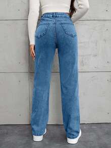 SHEIN Tall 高码100%纯棉斜口袋直筒牛仔裤 - 中等水洗藍 - 查看 2