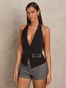 SHEIN Glamour Women's Elegant Mature Vintage Style Double-Breasted High-End Black Vest Christmas Outfiit For Women Black Top Elegant Women Waistcoat - Black - View 3