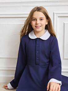 Tween Girl Colorblock Peter Pan Collar Raglan Sleeve Half-Placket Ruffle Hem Fashion Dress - Navy Blue - View 7