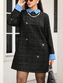SHEIN LUNE Große Größen Damen Herbst und Winter Schwarze Kleider für Frauen Neujahrskleid Schwarz und Blau Pendlerkleid Thanksgiving Outfit für Frauen Langarm Weihnachtsparty Kleid Elegante Kleider für Frauen Arbeitskleidung Damen Kleid Schwarze Kleider für Frauen Schwarzes Hemdkragen Langarm elegantes Kleid, das die Taille betont Ausgehkleid Marineblauer Stil Blau und Schwarz A-Linien Kleid - Schwarz - Übersicht 6