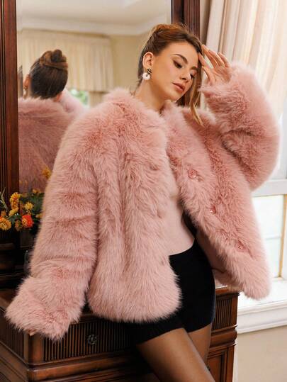 Glamine Charm 女式时尚优雅纯色纽扣仿皮草夹克