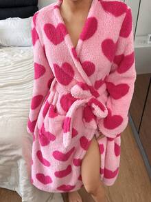 SHEIN 女士爱心印花抓绒长袖蓬松舒适睡袍，冬季 - 粉色 - 查看 2