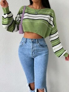 SHEIN Unity Sweater Pullover Wanita Kasual Sehari-hari dengan Motif Garis-Garis Blok Warna, Bahu Jatuh, Lengan Lentera Longgar, Model Crop, Musim Gugur/Dingin - Hijau - View 3