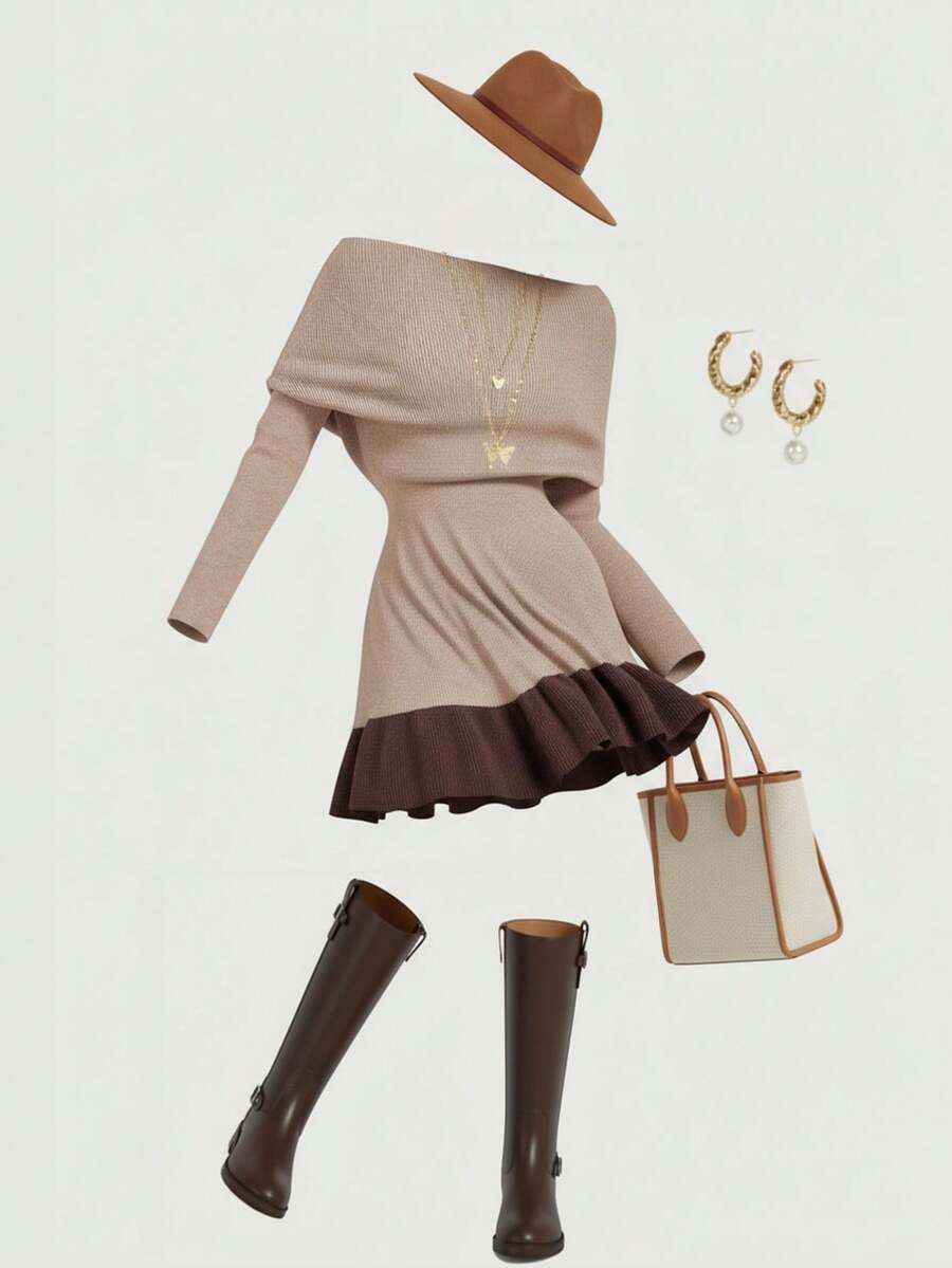 SHEIN MOD 大码女式露肩长袖收腰毛衣裙,休闲,圣诞复古保暖针织连衣裙秋冬女装 - 卡其色 - 查看 1