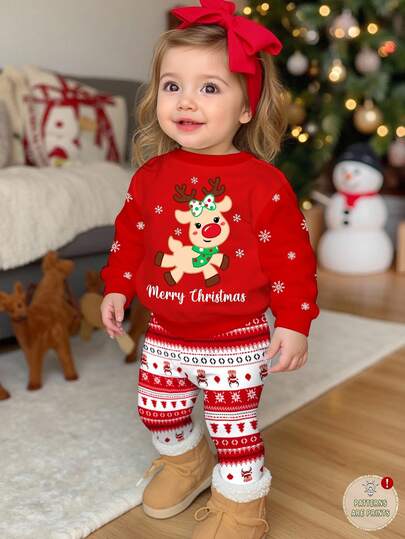 SHEIN 女婴可爱搞笑卡通圣诞驯鹿柔软厚圆领长袖运动衫和紧身裤套装，适合秋冬圣诞节