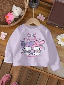 HELLO KITTY AND FRIENDS | SHEIN 女婴舒适休闲卡通可爱紫色蝴蝶结和字母图案圆领长袖羊毛衫，秋冬 - 白色 - 查看 1