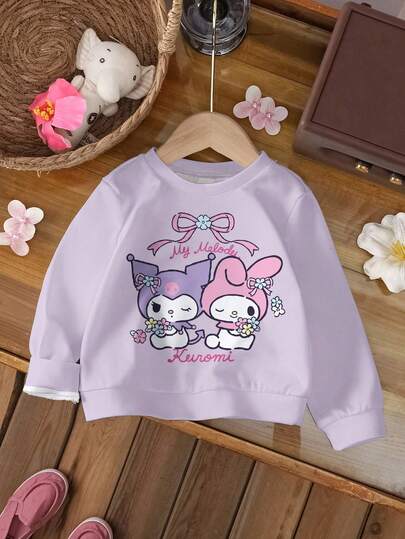 HELLO KITTY AND FRIENDS | SHEIN 女婴舒适休闲卡通可爱紫色蝴蝶结和字母图案圆领长袖羊毛衫，秋冬