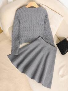 SHEIN Tween Girl 休闲优雅珍珠串珠宽松长袖纹理针织高领毛衣和荷叶边下摆喇叭形中裙套装，麻灰色
