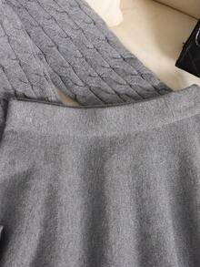 SHEIN Tween Girl 休闲优雅珍珠串珠宽松长袖纹理针织高领毛衣和荷叶边下摆喇叭形中裙套装，麻灰色