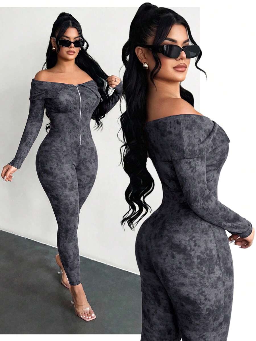 SHEIN SXY Casual Women's Grey Long Unitard Featuring An Off The Shoulder Neckline Zipper And Print In Knitted Fabric Off Shoulder Jumpsuit Tight Jumpsuit Gray Jumpsuit Women Long Bodycon Jumpsuit Sexy Curve Jumpsuit Zip Up Jumpsuit Sexy Jumpsuit Long Sleeve Bodycon Jumpsuit - Grey - View 1
