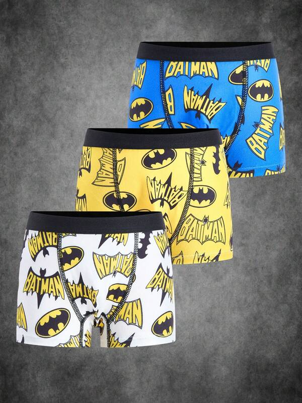 BATMAN X SHEIN 3pcs Young Boy Comfortable Soft Letter & Bat Print Boxer Briefs, Graphic Boxers Cartoon Boxers Boys Boxers Kids
