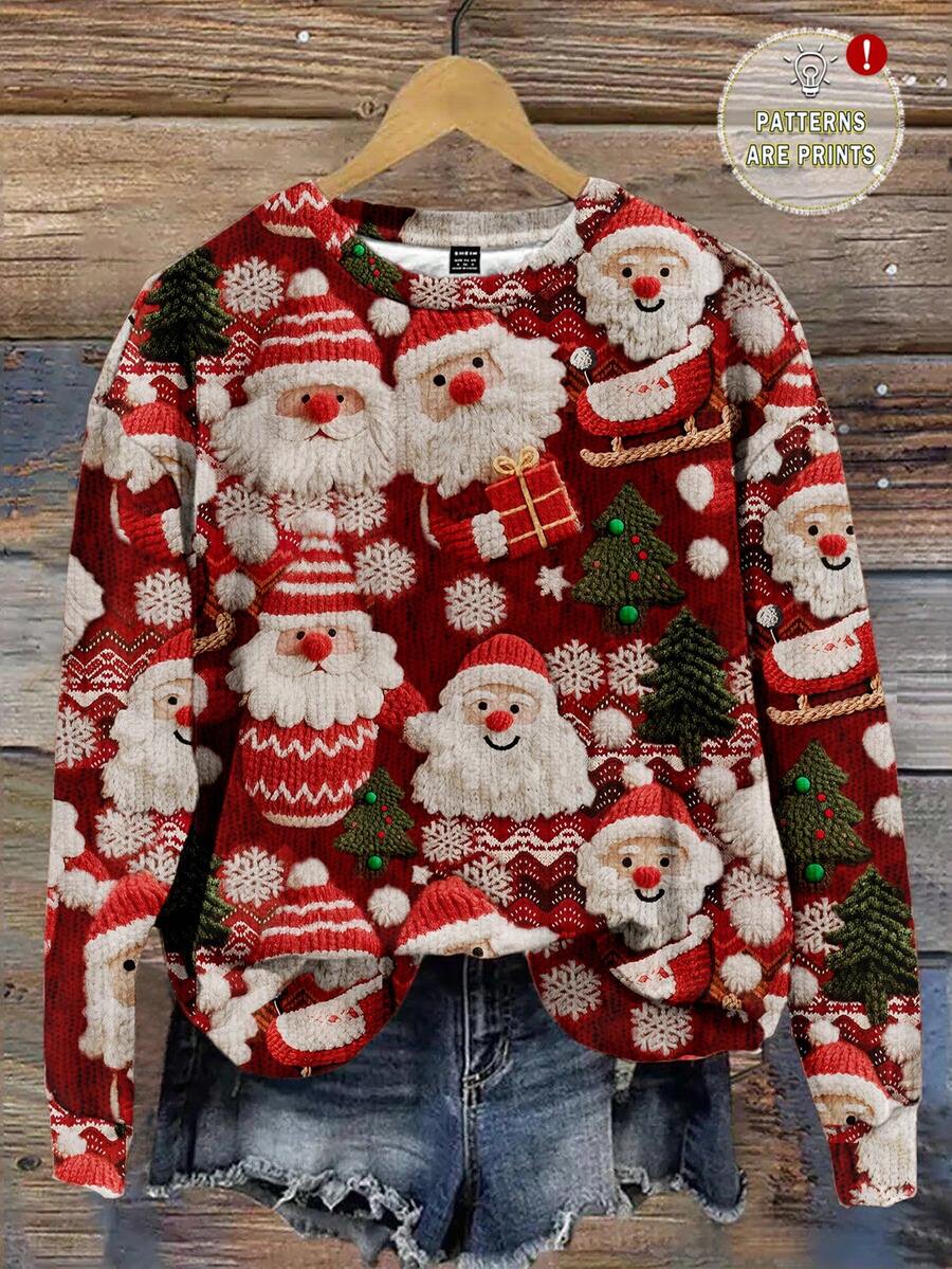 SHEIN LUNE Sweat-shirt-shirt ample à col rond à manches longues avec imprimé Père Noël, style minimaliste décontracté. Convient pour l'automne, l'hiver et Noël