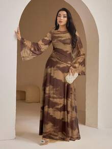 Veilorie Women's Fashion Casual Smudge Pattern Dress - Coffee Brown - View 1