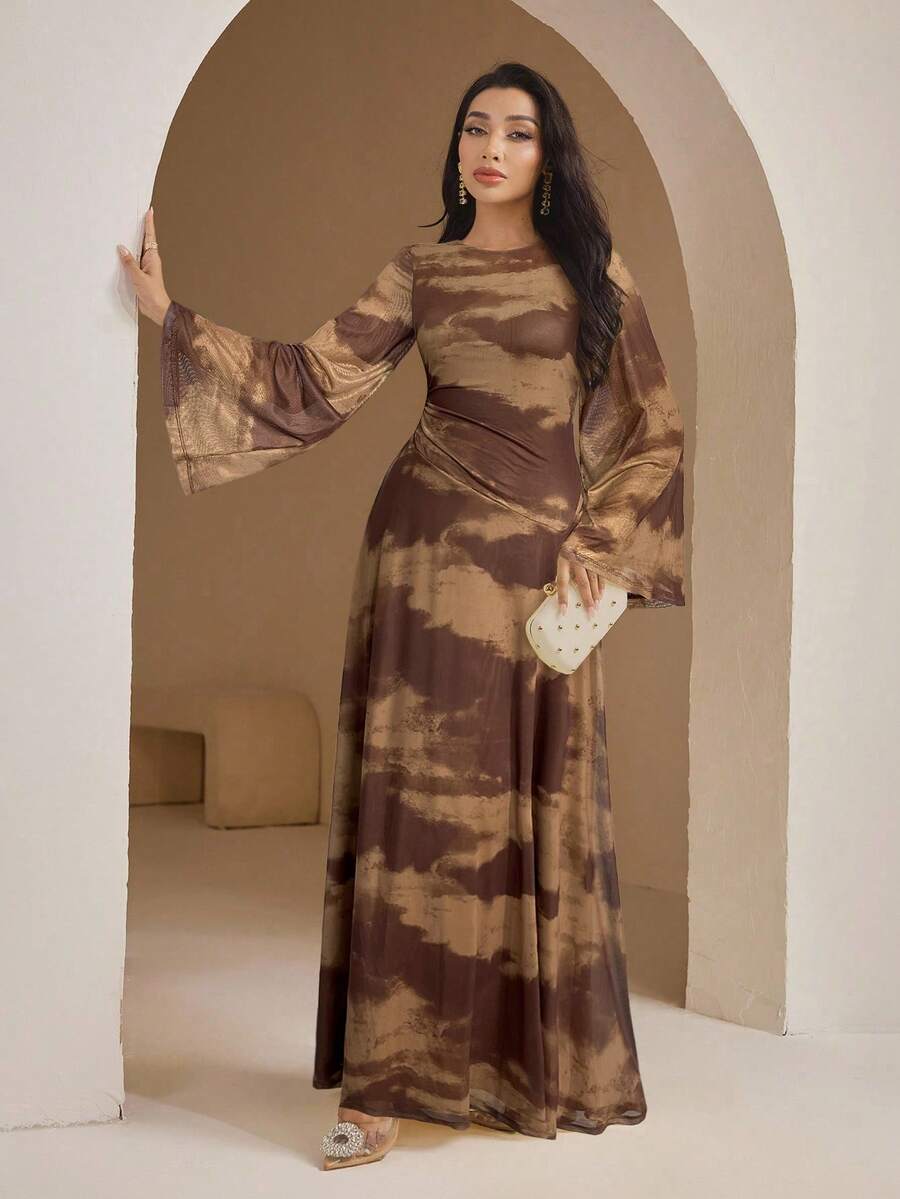 Veilorie Women's Fashion Casual Smudge Pattern Dress - Coffee Brown - View 1