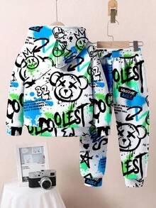 SHEIN 2pcs Young Boys Casual Loose Comfortable King Letter Tie-Dye Gradient Streetwear Sports Style Hooded Sweatshirt Set, Suitable For Autumn/Winter Fall - Multicolor - View 3