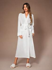 SHEIN 女士休闲简约提花纹理系带长袖睡袍，带口袋，冬季款 - 白色 - 查看 3