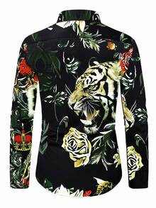 Manfinity RSRT 男士前扣长袖动物印花简约休闲衬衫设计师男士设计师衬衫酷炫男士时尚衬衫，适合秋季 - 黑色 - 查看 2