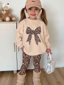 SHEIN 2pcs/Set Girls Casual Vintage Leopard Print Bow Decor Round Neck Long Sleeve Sweatshirt And Leggings Outfit, Suitable For Autumn/Winter, Streetwear, Punk, Vintage, Back To School, Goth, Fall, Winter